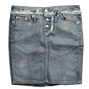 Richmond Button Fly Fringed Glitter Coated Denim Mini Pencil Skirt Sz 42 NWT